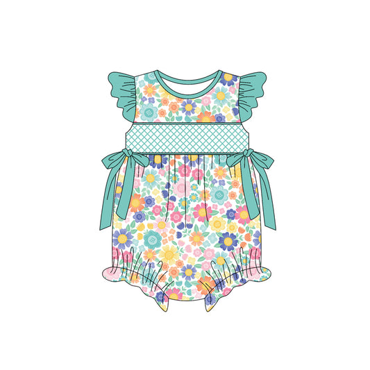 Preorder(moq 5)Baby Infant Girls Green Flutter Sleeves Bows Colorful Floral Ruffle Rompers