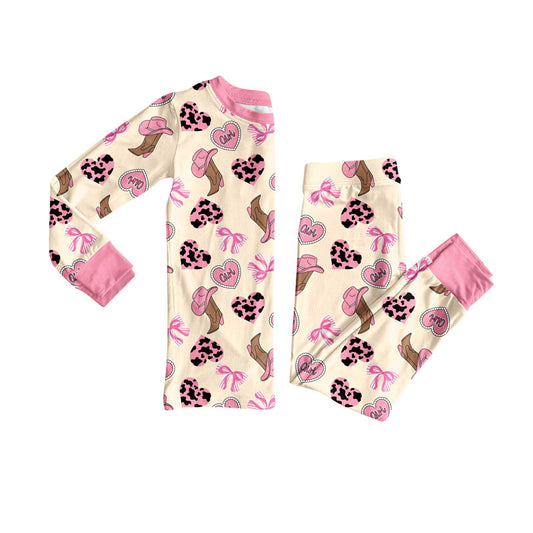 Preorder(moq 8)Baby Girls Long Sleeve Cow Print Hearts Boots Top Pants Pajamas Sets