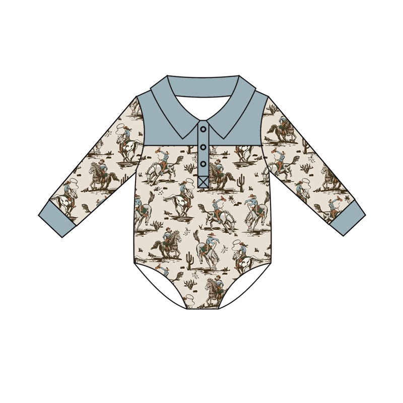 Preorder (moq 5)Baby Boys Long Sleeve Horse Rodeos Western Button Hunting Rompers