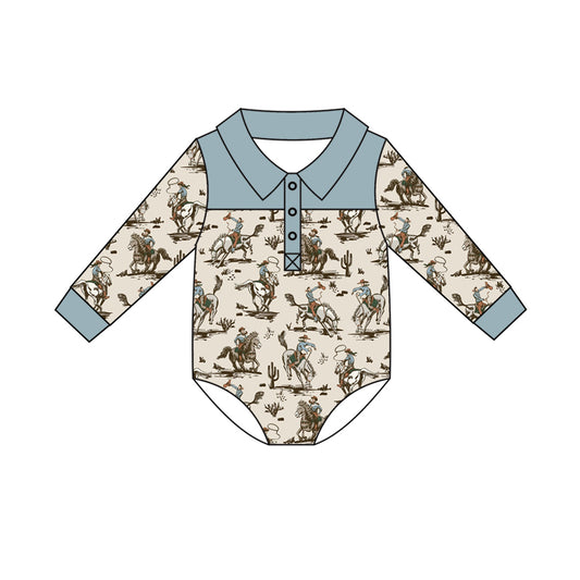 Preorder (moq 5)Baby Boys Long Sleeve Horse Rodeos Western Button Hunting Rompers
