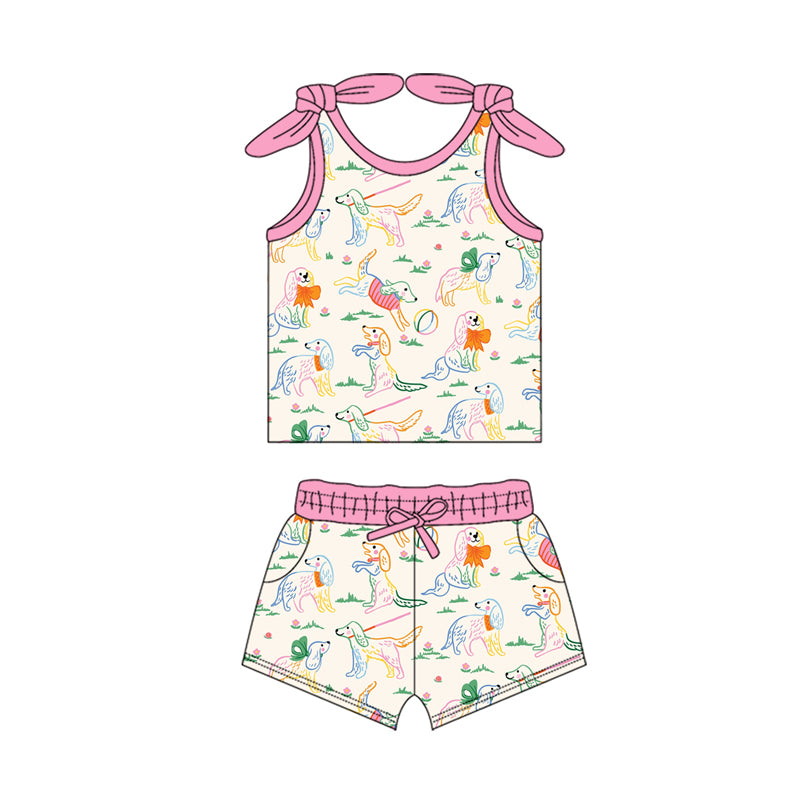 Preorder (moq 5)Baby Girls Pink Bows Sleeveless Dogs Balls Top Pockets Shorts Set