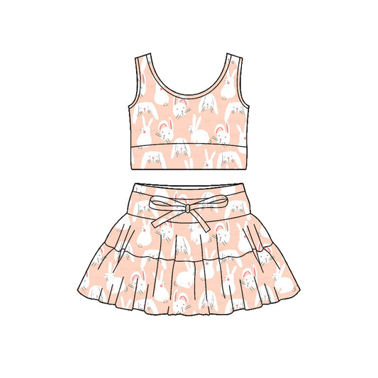 Preorder (moq 5)Baby Girls Pink Rabbits Plaid Vest Ruffle Skirt Shorts Easter Clothes Sets