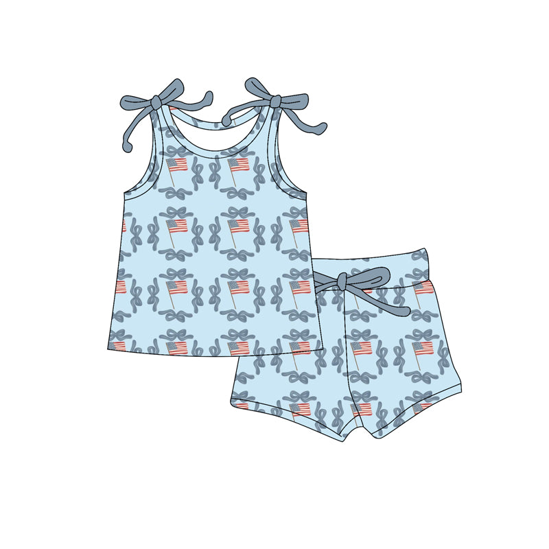 Preorder moq 5 Baby Girls Bows Sleeveless Flags Bows Top Short 4th Of July Set