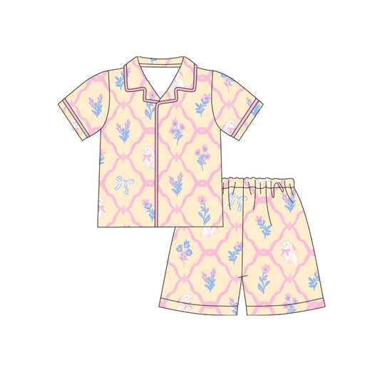 Preorder (moq 5)Baby Girls Rabbits Flowers Checked Button Top Shorts Easter Pajamas Sets