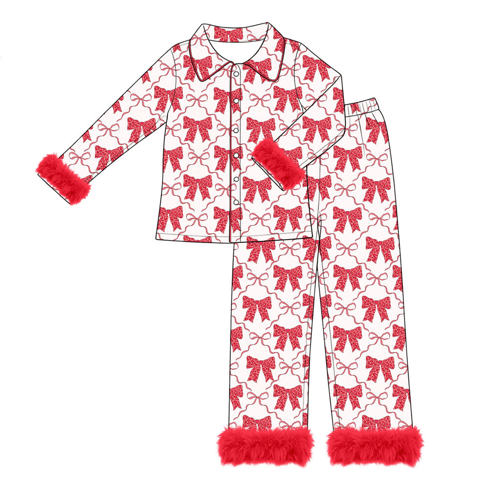Preorder (moq 5) Adult Women Hearts Bows Button Top Pant Valentines Fur Sleeves Pajamas Set