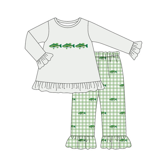 Preorder (moq 5)Baby Girls Long Sleeve Fishes Tunic Checked Ruffle Pant Hunting Sets