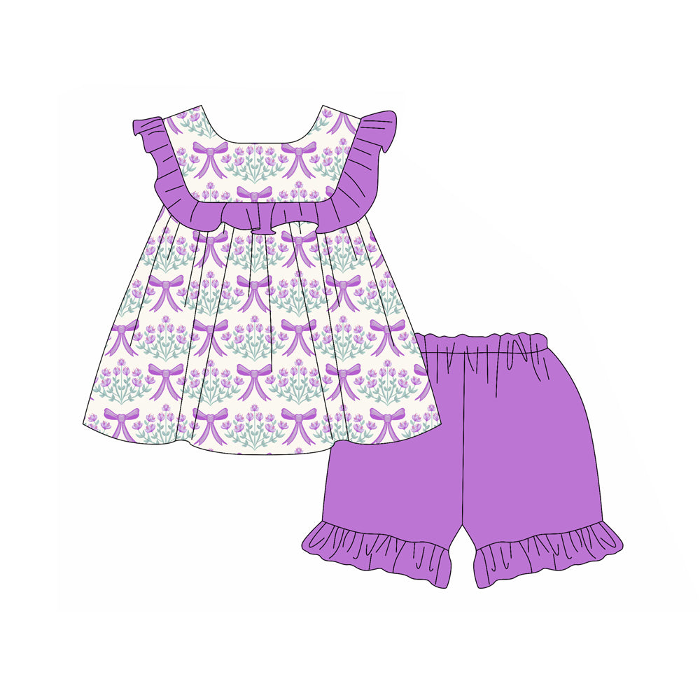 Preorder (moq 5)Baby Girls Purple Bows Flowers Tunic Top Ruffle Shorts Clothes Sets