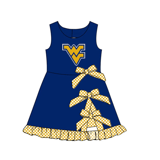 Preorder (custom moq 5)Baby Girls Sleeveless Navy WV Short Bows Ruffle Team Knee Length Dress