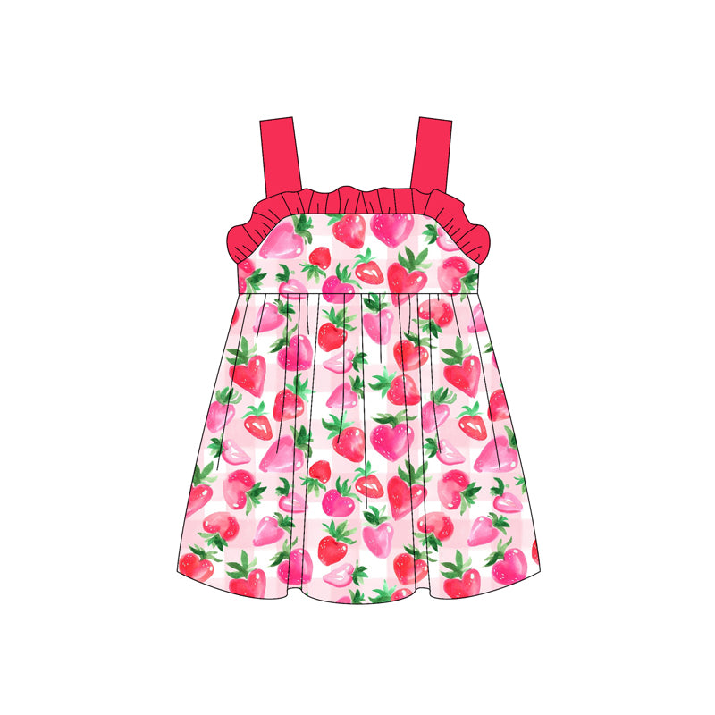 Preorder (moq 5)Baby Girls Red Strap Hearts Strawberry Knee Length Dress