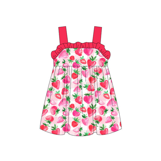 Preorder (moq 5)Baby Girls Red Strap Hearts Strawberry Knee Length Dress