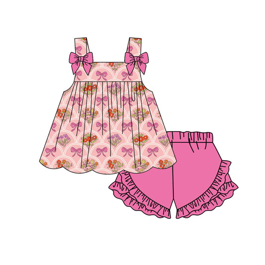 Preorder moq 5 Baby Girls Strap Flowers Bows Tunic Ruffle Shorts Clothes Set