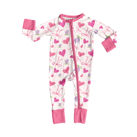 Preorder(moq 5)Baby Kids Pink Bows Hearts Flowers Zipper Pant Rompers