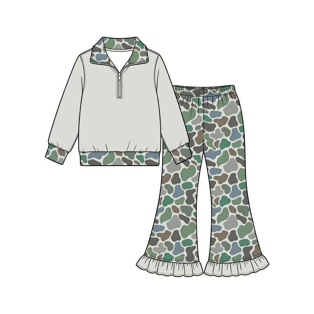 Preorder (moq 5) Baby Girl Clothes Green Duck Camo Print Half Zip Top Ruffle Flare Pants Outfit Set