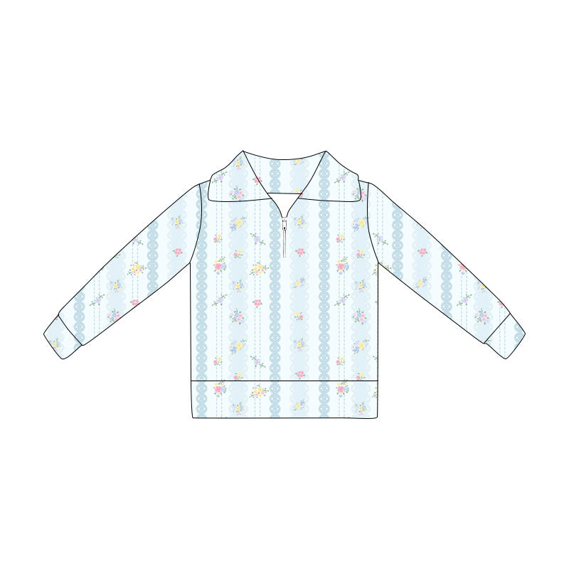 Preorder(moq 5) Baby Girls Aqua Stripes Flowers Plaid Zipper Pullovers Top