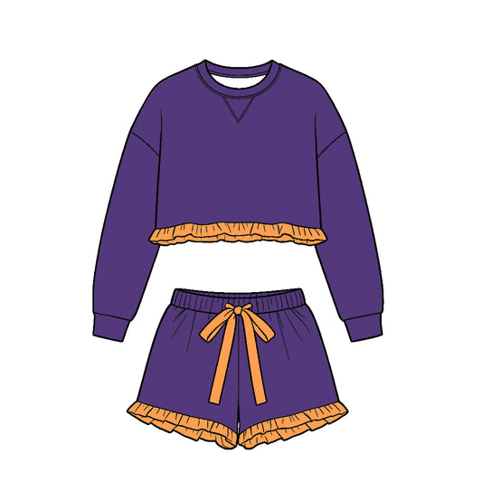 Preorder (moq 5)Baby Girls Purple Orange Long Sleeve Top Ruffle Short Clothes Set