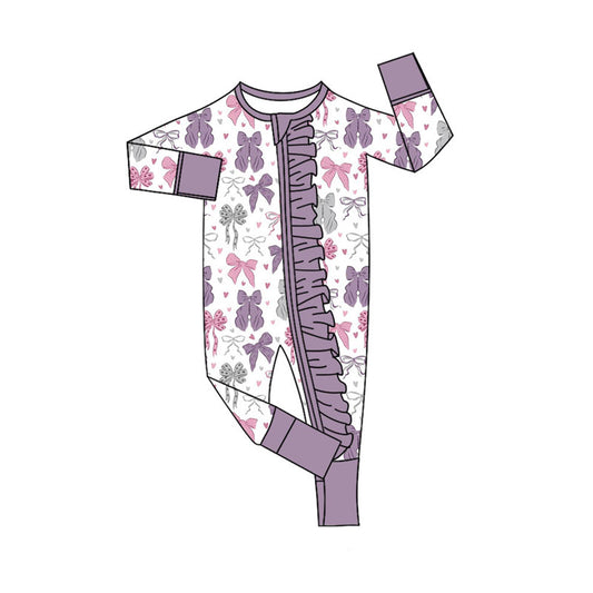 Preorder (moq 8)Baby Girls Pink Purple Hearts Bows Valentine Ruffle Zipper Footie Rompers