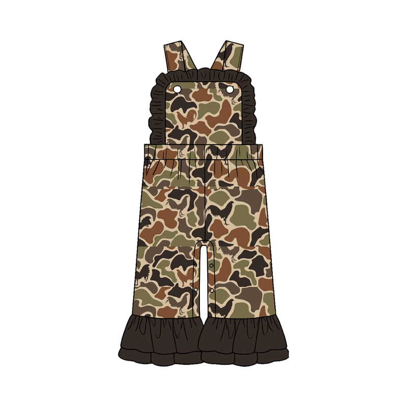 Pre-order (moq5) Girls Fall Thanksgiving Camo Rooster Ruffle Long Jumpsuit