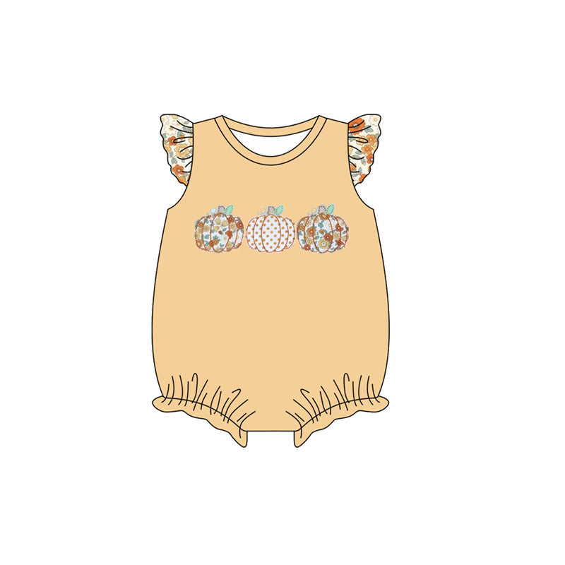 Preorder (moq 5)Baby Girls Yellow Flutter Sleeves Floral Pumpkins Ruffle Rompers