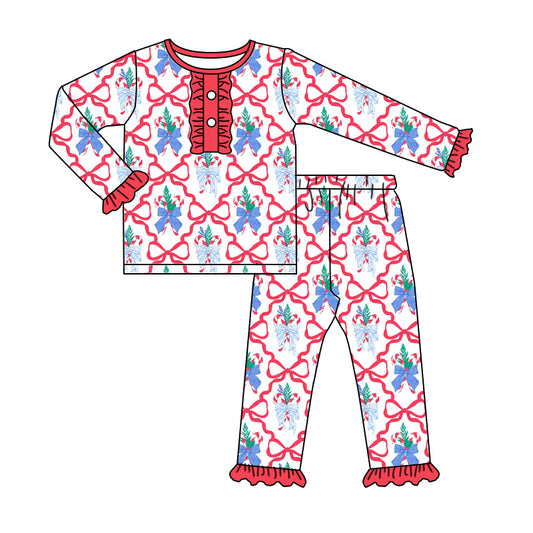 Preorder (moq 5)Baby Girls Long Ruffle Sleeves Red Bows Gingerbread Plaid Top Pant Pajamas Set