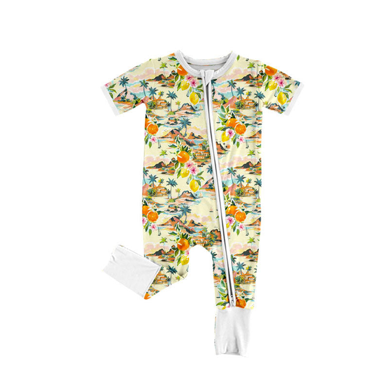Preorder (moq 5)Baby Girls Short Sleeve Beach Fruits Two Way Zipper Convertible Rompers