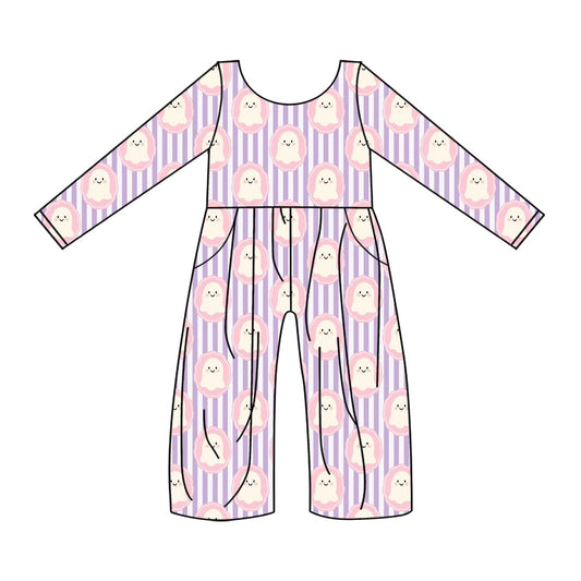 Preorder (moq 5)Baby Girls Purple Stripe Ghosts Halloween Pockets Jumpsuits