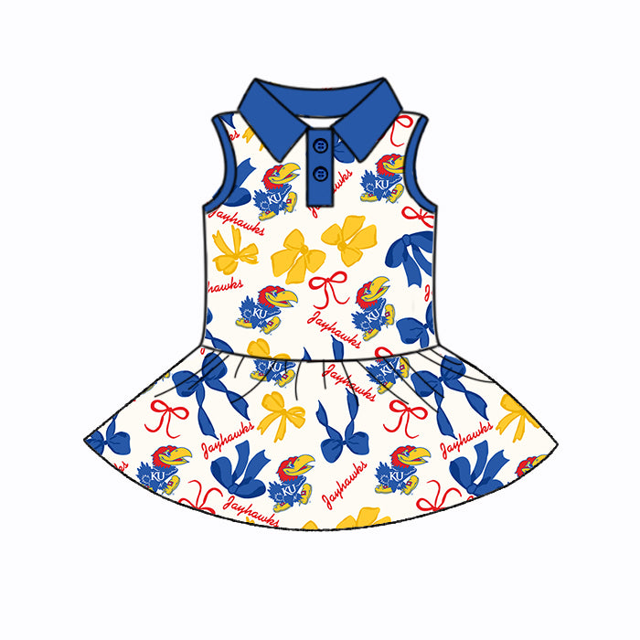 Preorder (moq 5)Baby Girls Blue Sleeveless Bows Plaid KU Button Team Knee Length Dresses