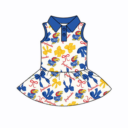Preorder (moq 5)Baby Girls Blue Sleeveless Bows Plaid KU Button Team Knee Length Dresses