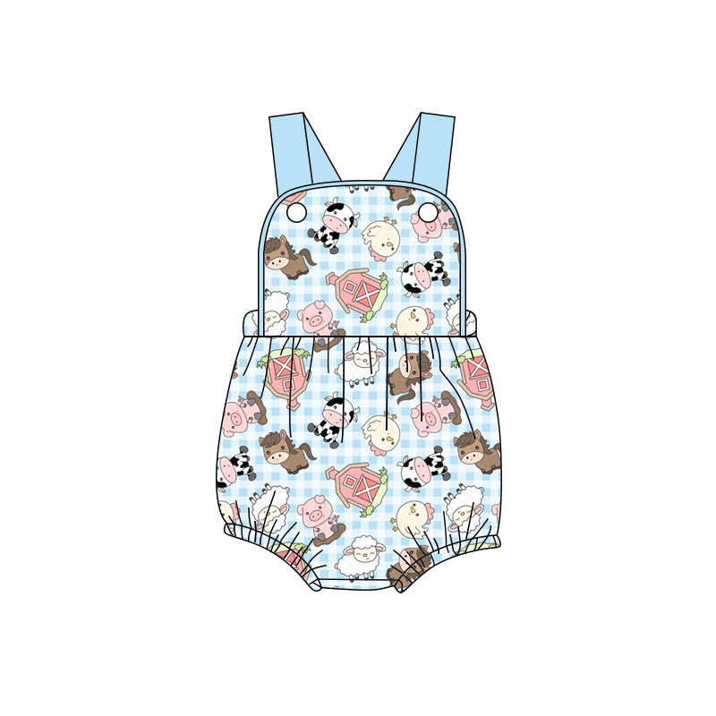 Preorder (moq 5)Baby Boys Blue Strap Sheep Pigs Farm Rompers