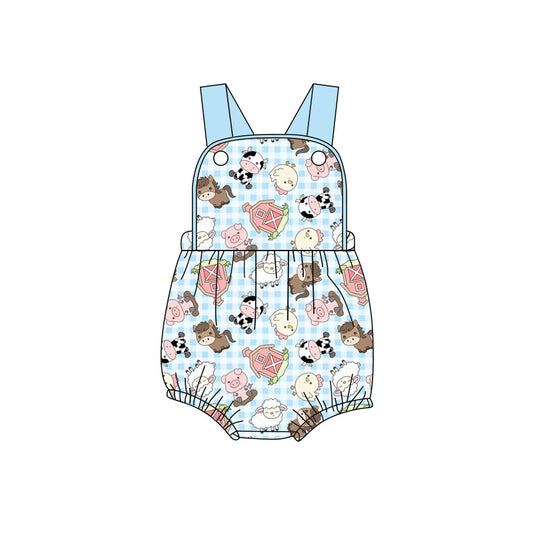 Preorder (moq 5)Baby Boys Blue Strap Sheep Pigs Farm Rompers