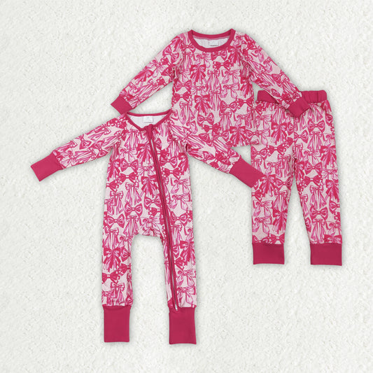 Sibling Baby Girls Hot Pink Bows Plaid Pajams Sets Zipper Footie Rompers