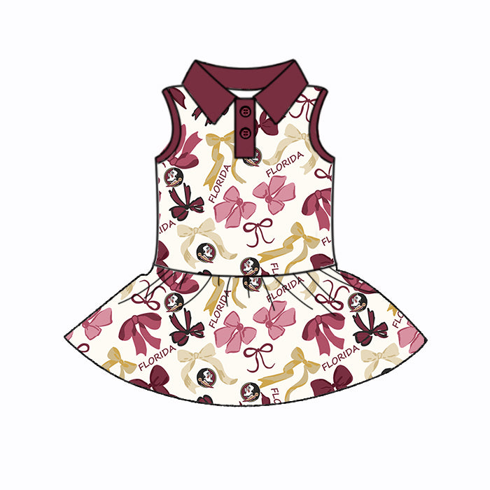 Preorder (moq 5)Baby Girls Sleeveless Dark Red Bows Plaid Florida Button Team Knee Length Dresses