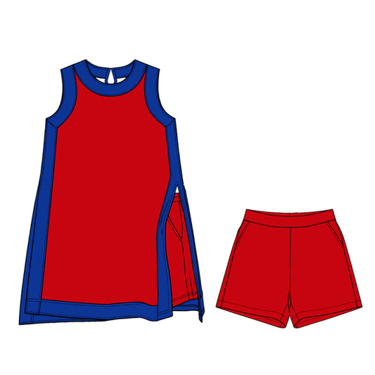Preorder (moq 5)Adult Women Hot Blue Red Split Skirt Pockets Short Clothes Sets
