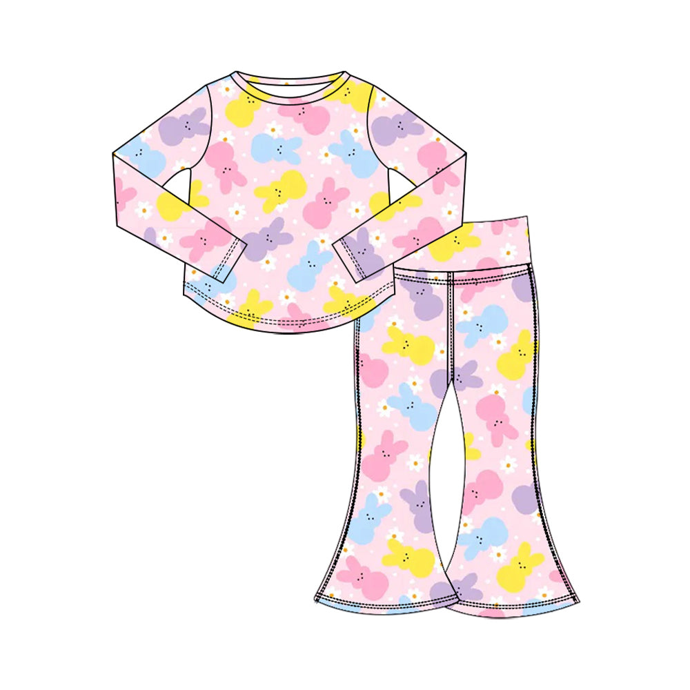 Preorder (moq 5) Baby Girl Clothes Easter Pastel Peeps Bunny Daisy Print Long Sleeve Flare Pant Set