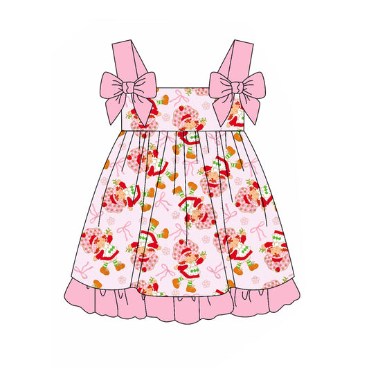 Preorder (moq 5)Baby Girls Pink Strap Bows Top Strawberry Knee Length Dress