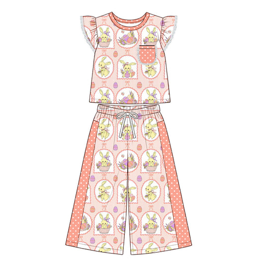 Preorder (moq 5) Baby Girl Clothes Easter Bunny Basket Frame Mixed Print Flutter Short Sleeve Wide Leg Pant Set