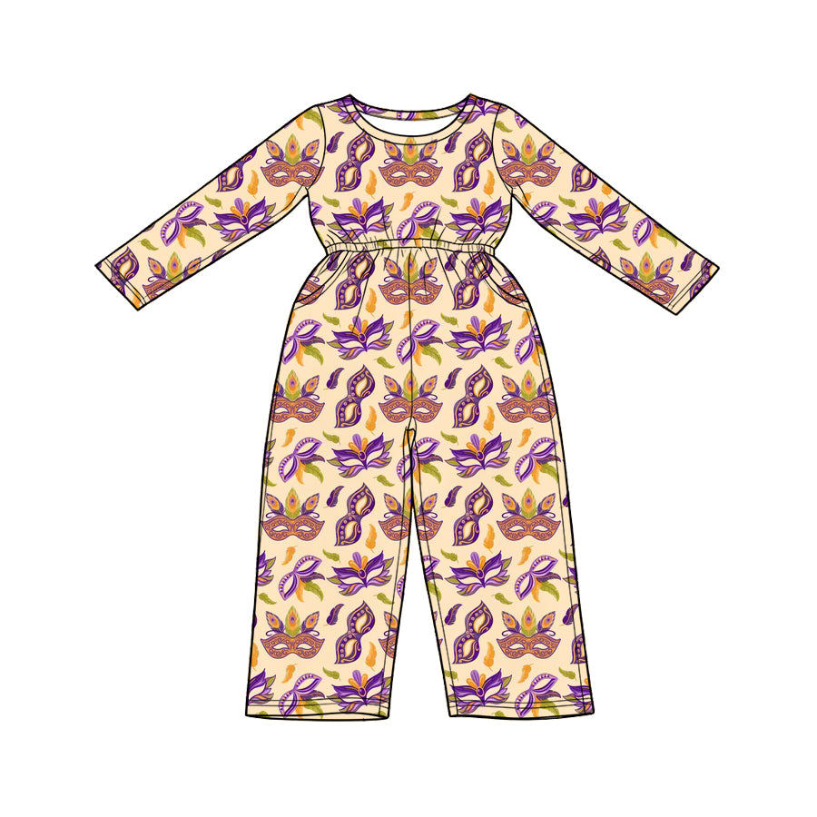 Preorder (moq 5) Baby Girls Long Sleeve Anchors Masks Mardigras Pockets Pant Jumpsuits