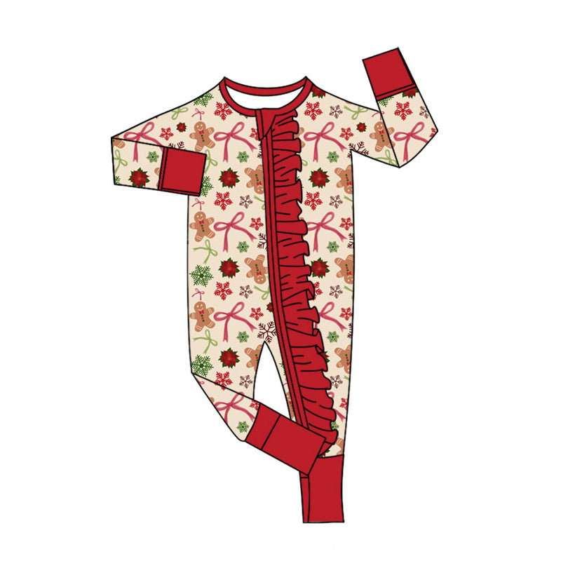Preorder(moq 5)Baby Girls Gingerbread Bows Holly Christmas Ruffle Zipper Footie Rompers