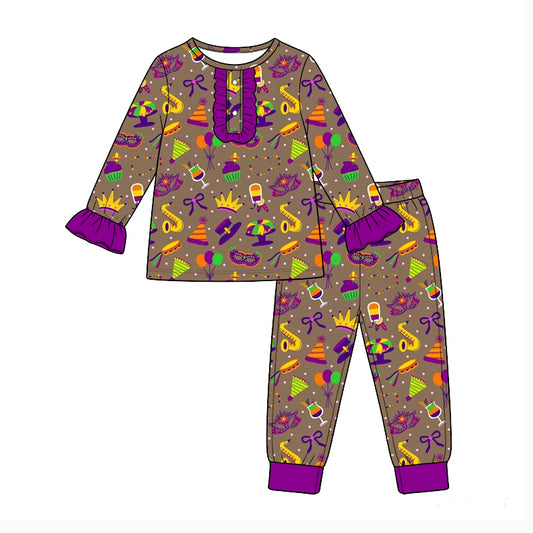 Pre-order(moq5) Baby Girl Clothes Mardi Gras Party Element Print Long Sleeve Ruffle Placket Pajama Set