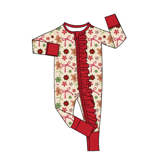 Preorder (moq 20)Baby Girls Bamboo Snowflake Gingerbread Ruffle Zippy Footie Rompers
