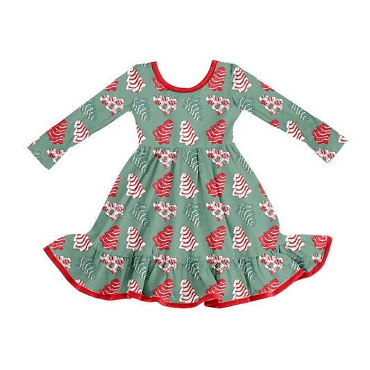 Preorder (moq 5)Baby Girls Green Red Stripe Trees Christmas Ruffle Knee Length Dresses
