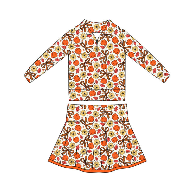 Preorder (moq 5)Baby Girls Flowers Pumpkins Zip Pullovers Pleated Skirt Short Fall Clothes Sets