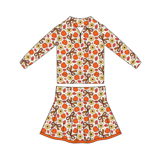 Preorder (moq 5)Baby Girls Flowers Pumpkins Zip Pullovers Pleated Skirt Short Fall Clothes Sets