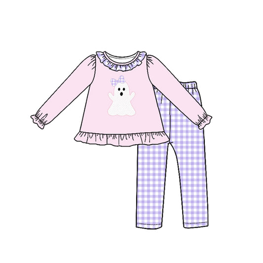 Preorder (moq 5)Baby Girls Bows Ghost Tunic Checked Leggings Halloween Clothes Sets