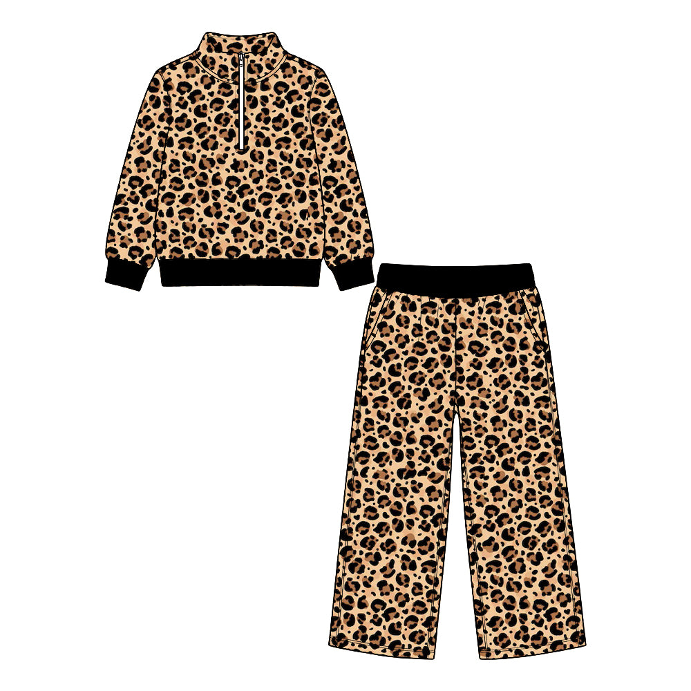 Preorder (moq 5) Baby Girl Clothes Classic Leopard Print Long Sleeve Half Zip Top Wide Leg Pant Set
