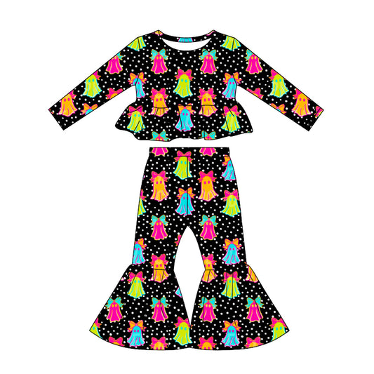 Preorder (moq 5)Baby Girls Ghost Bows Tunic Bell Bottom Pants Halloween Clothes Set