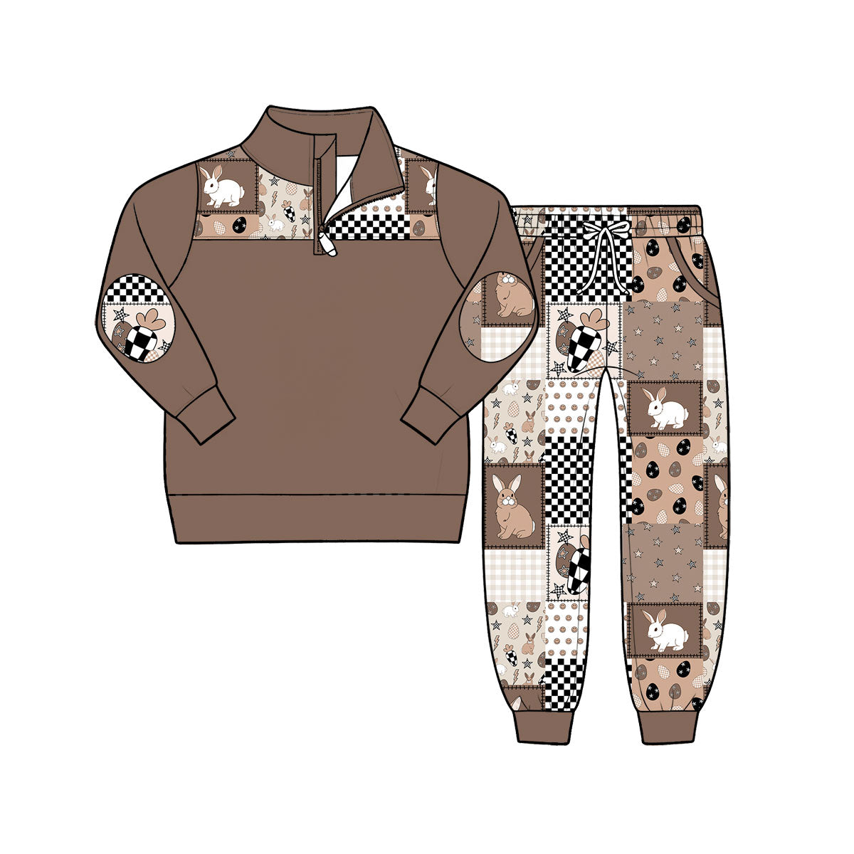 Pre-order(moq5) Boys Easter Casual 2Pcs Outfit Quarter Zip Sweatshirt Jogger Pants Set Camo Bunny Patchwork Print