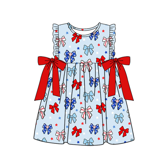 Preorder (moq 5)Baby Girls Sleeveless Blue Red Bows Stars 4th Of July Knee Length Dresses