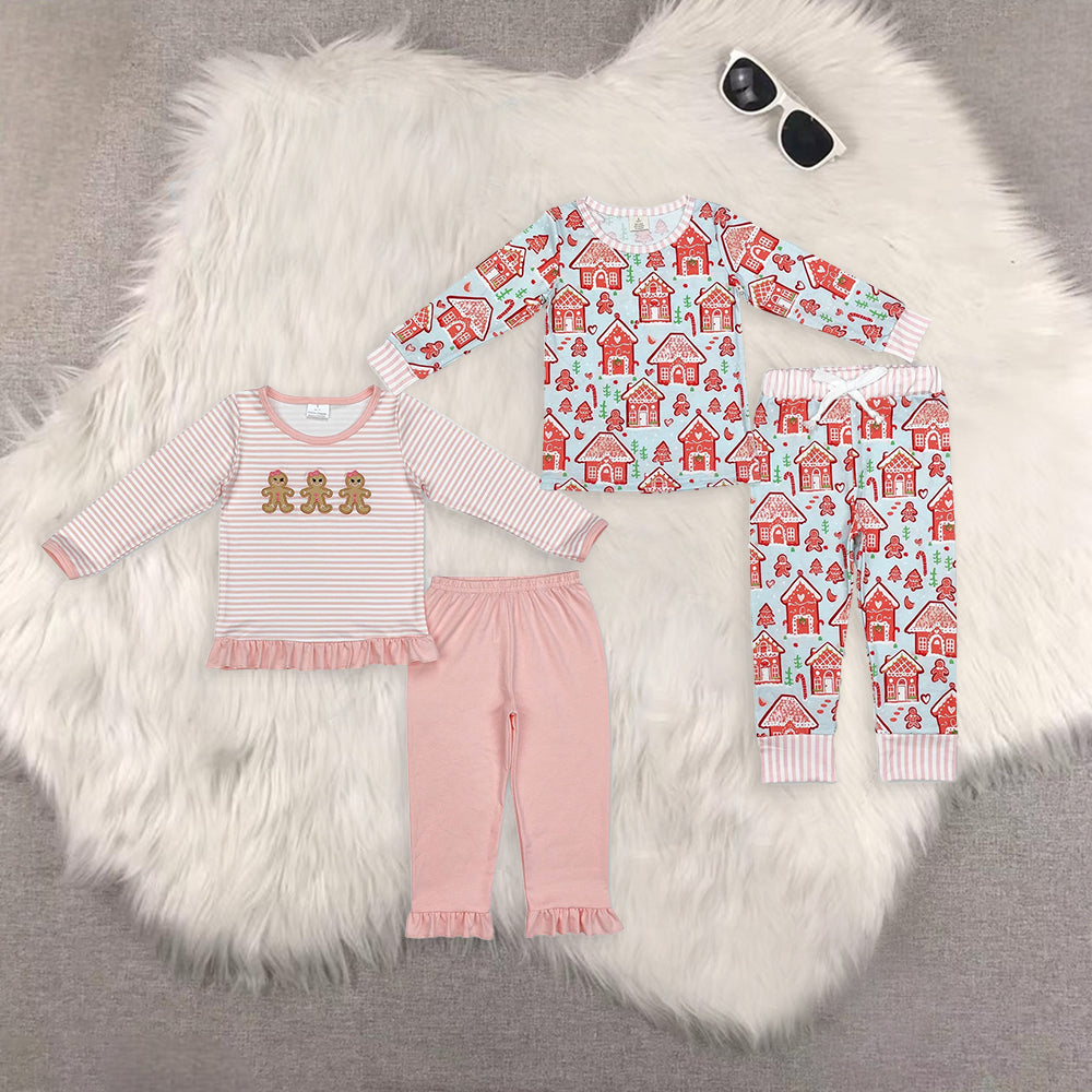 Sibling Baby Girls Christmas Gingerbread Top Ruffle Pant Bamboo Pajamas Outfits Clothes Sets