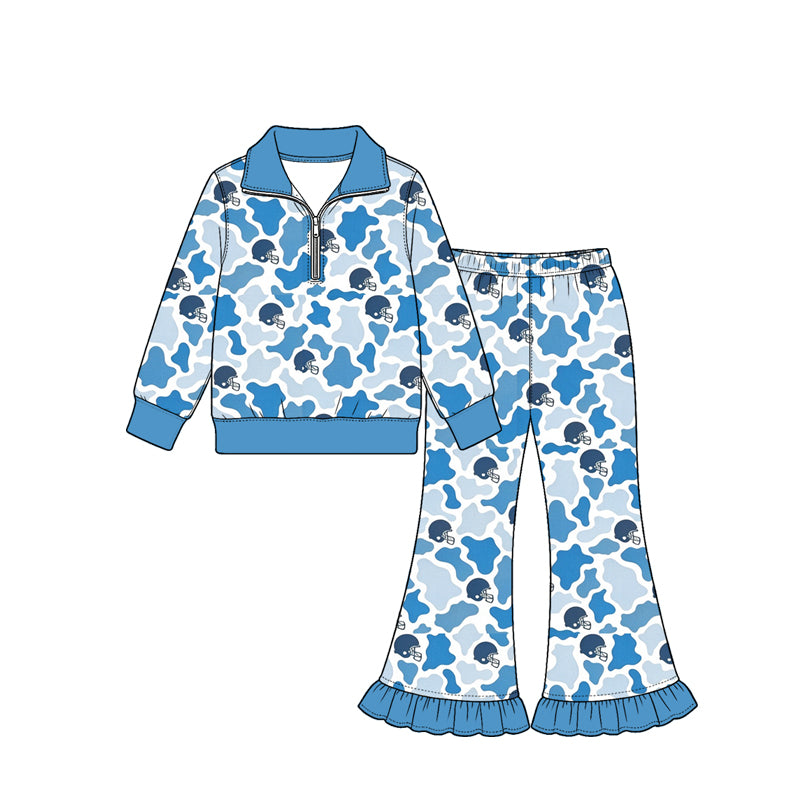 Preorder (moq 5) Baby Girl Clothes Bright Blue Camo Football Helmet Print Long Sleeve Half Zip Top Ruffle Flare Pant Set