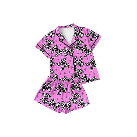 Preorder (moq 5)Baby Girls Short Sleeves Button Pocket Plaid Bows Stars Top Short Pajamas Set